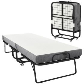HOMCOM Folding Bed with Mattress for Adults, Single Size, Portable Foldable Bed with Memory Foam Mattress & Steel Frame, White