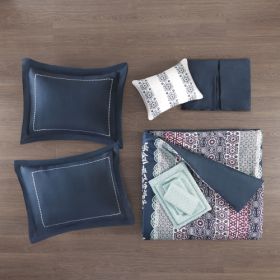Queen Boho Comforter Set With Bed Sheets (Color: Navy)