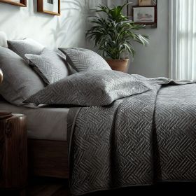 Luxury Silk Satin Quilt Set with Geometric Pattern, All-Season Quilted Coverlet (Quilt, Pillow Sham), Grey (specifications: Twin)