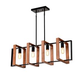 4-Light Kitchen Island Lights Pendant Light Farmhouse Dining Room Light Fixture, Rustic Wood And Black Metal Rectangular Chandelier, Hanging Ligh (Option: Wood)